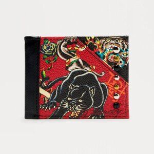 Ed Hardy Metal Stud Printed Bifold Wallet - Red/Black
